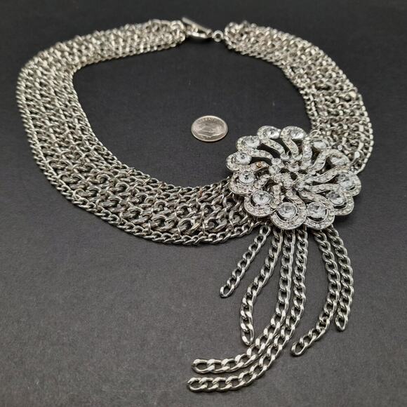 Formal Rhinestone Floral Pendant Necklace, Layered Silver Tone Chain, 16 Inches - Picture 6 of 9